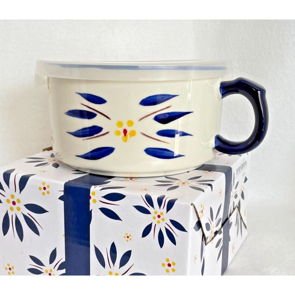 Temp-tations Soup Bowl White Blue Flower With Lid Gift Box Hand painted